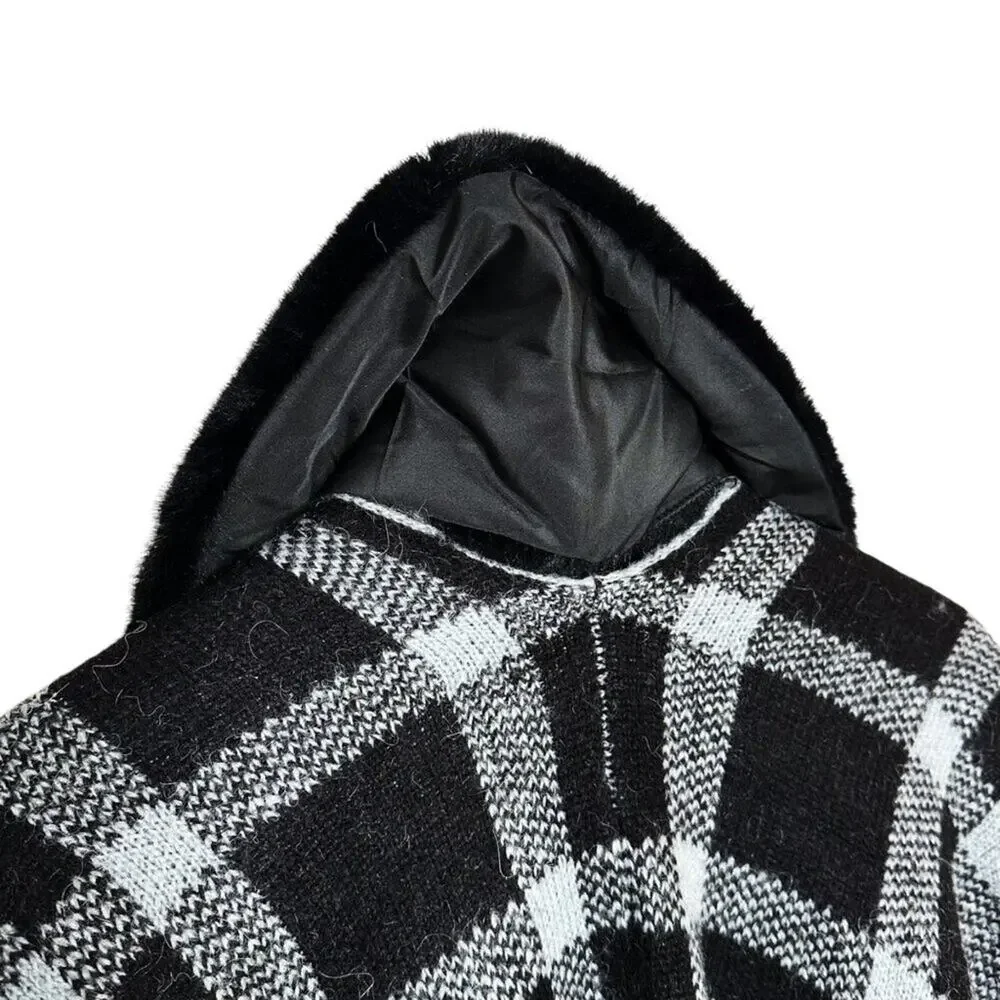 Soft Surroundings Black and Gray Plaid Faux Fur Trim Poncho